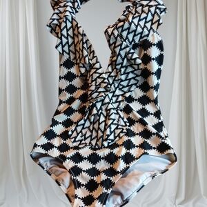 Red Carter Monochrome Geometric One Piece Swimsuit